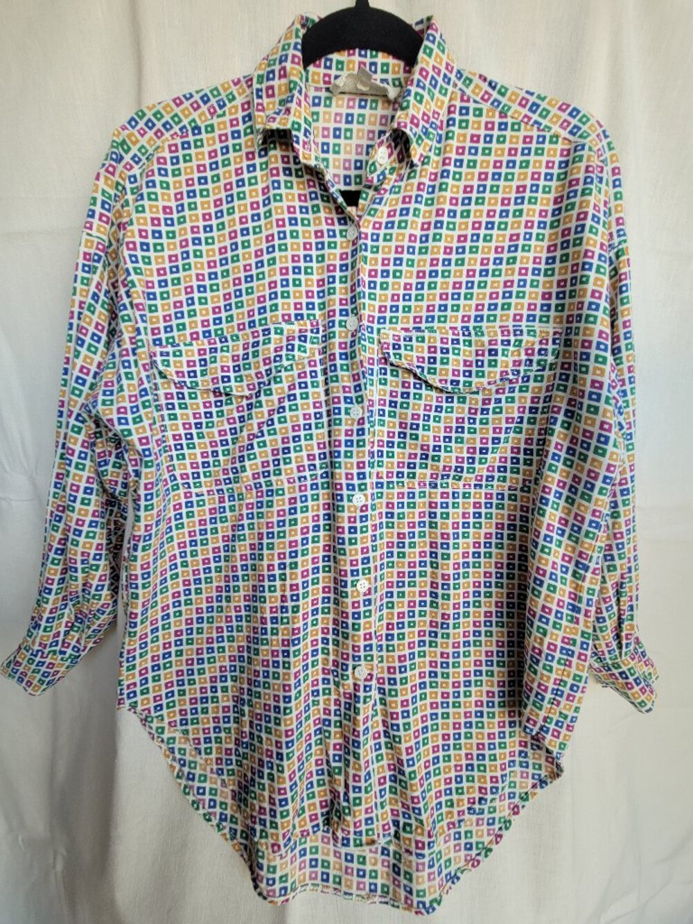 Vintage Tomboy 90s Rayon Pop Art Geometric Retro Print Blouse Primary Block Pock